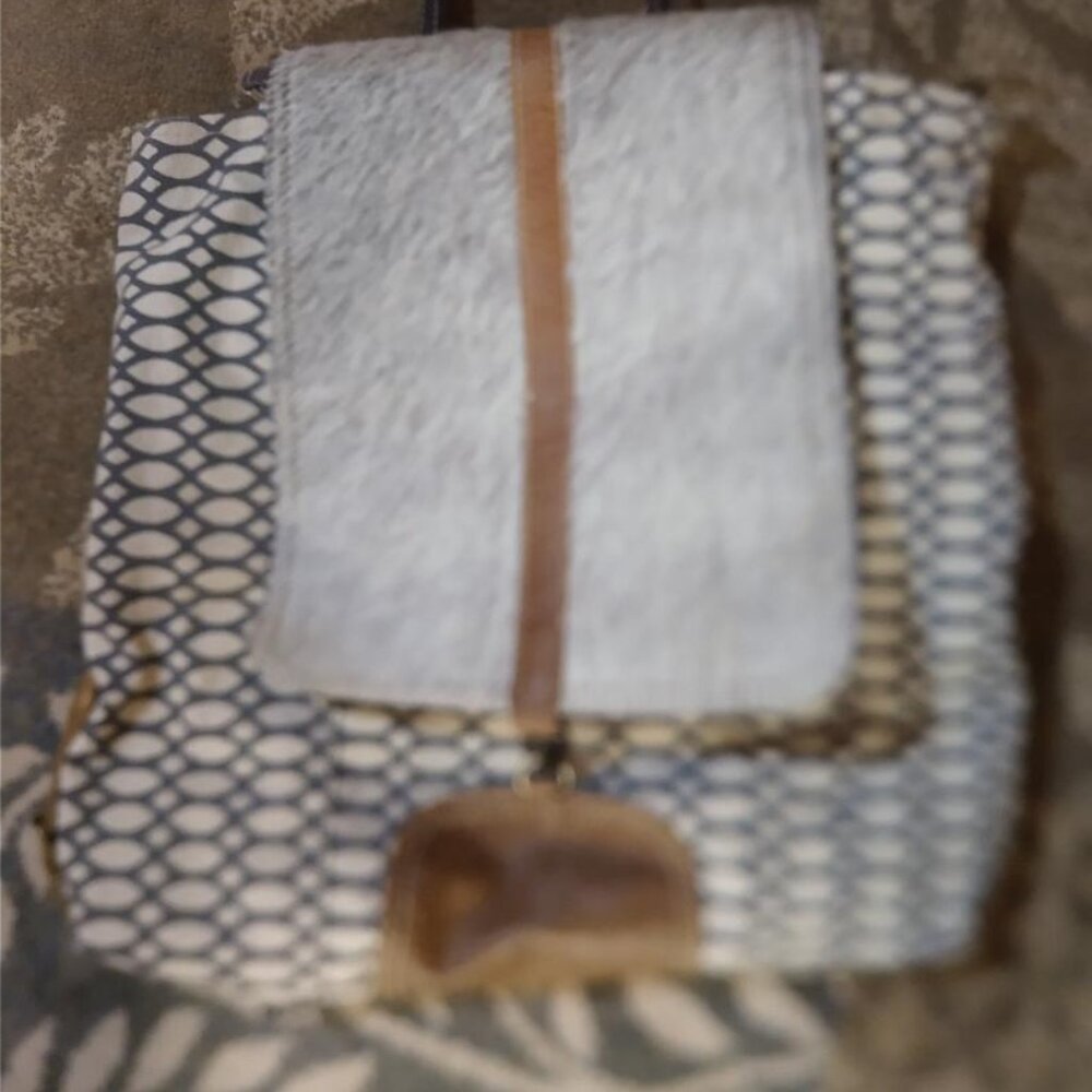 Myra Bag Canvas & Leather Backpack Purse With Geometric Print & Hair-On Flap